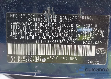 2011 Toyota Camry from USA, damaged, VIN 4T1BF3EK3BU693365